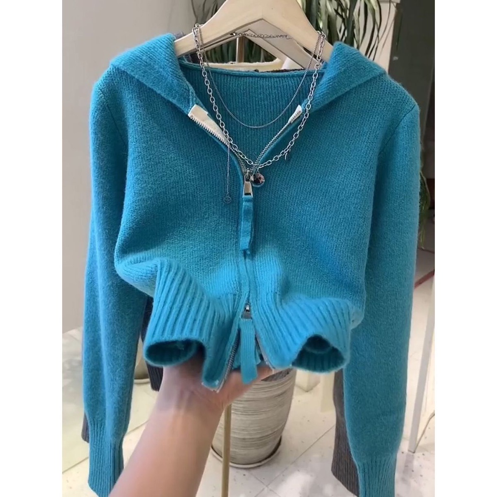 Áo Khoác cardigan Có Khóa Kéo Đôi Màu Trơn Thời Trang Thu Đông Phong Cách Châu Âu Cho Nữ