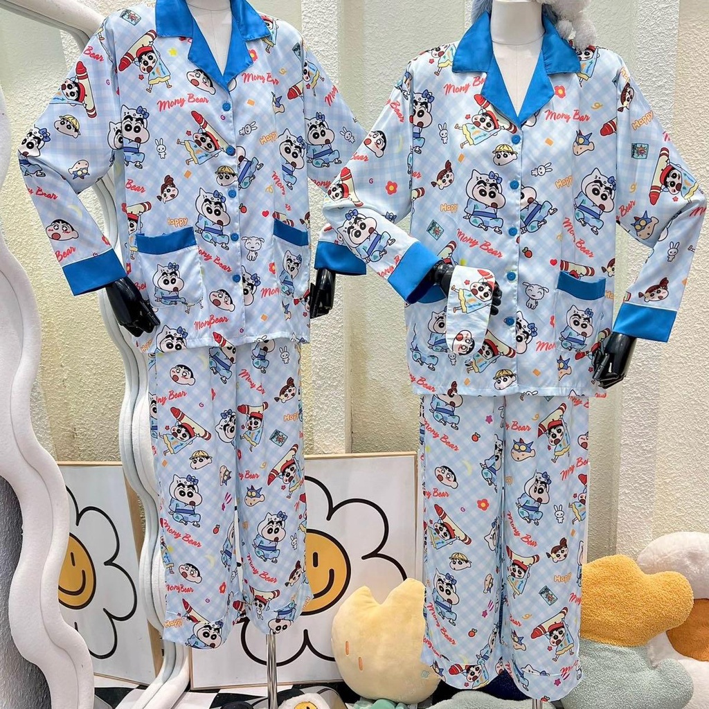 Bộ Pijama Monybear quần dài , áo tay dài in hình cushin nền caro xanh phối túi kèm bịt mắt - HN1653
