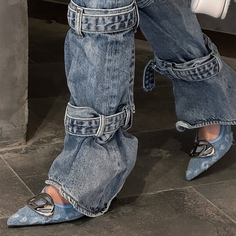 Giày Cao Gót Hở Ngón Màu Bạc Chất Liệu denim Thời Trang Mùa Hè 2023 Cho Nữ