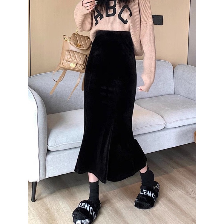 Chân Váy Đuôi Cá Lưng Cao Chất Liệu Nhung Thời Trang Thu Đông Cho Nữ