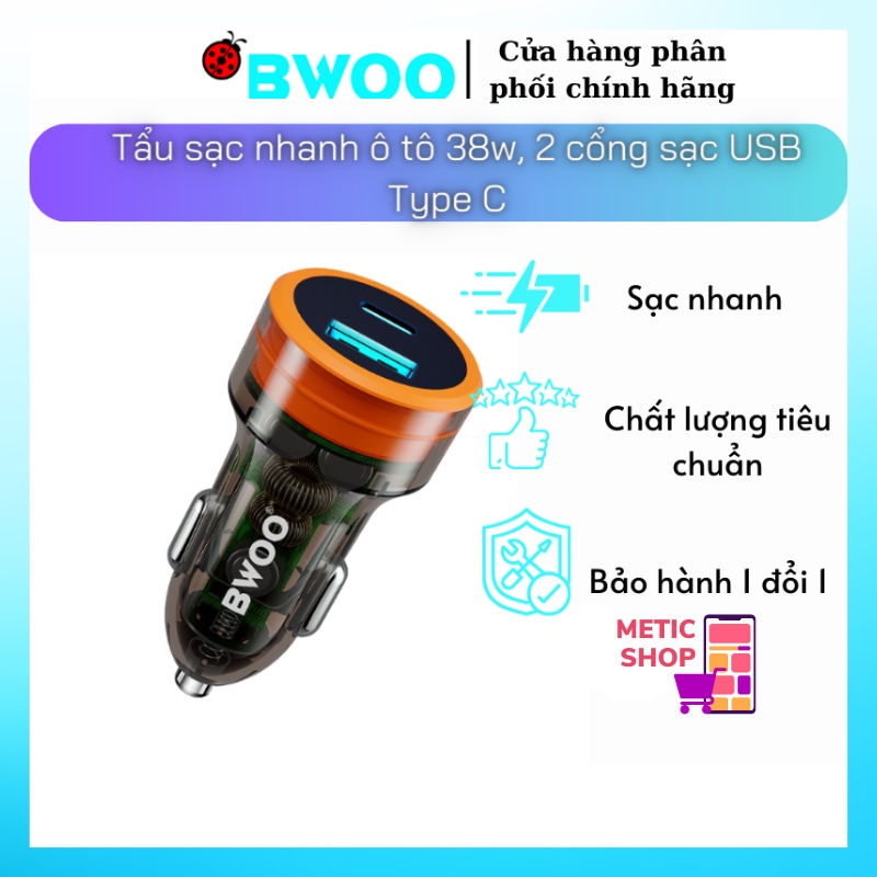 Tẩu Sạc Nhanh Ô Tô 2 Cổng BWOO 38W PD Trong Suốt Usb Tyc Chống Cháy Nổ Cho Điện Thoại (METIC SHOP) | BigBuy360 - bigbuy360.vn