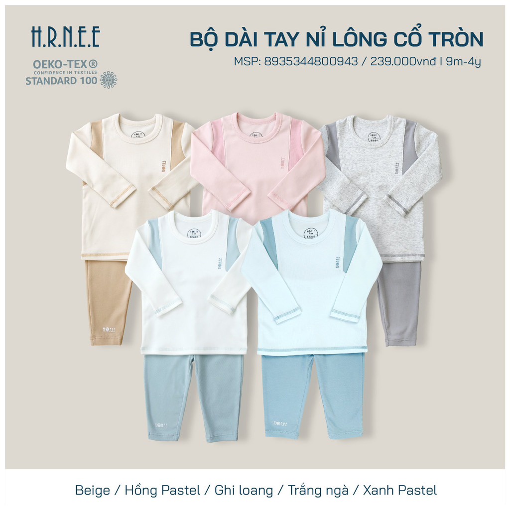 Bộ Hrnee dài tay nỉ lông cổ tròn cho bé trai bé gái