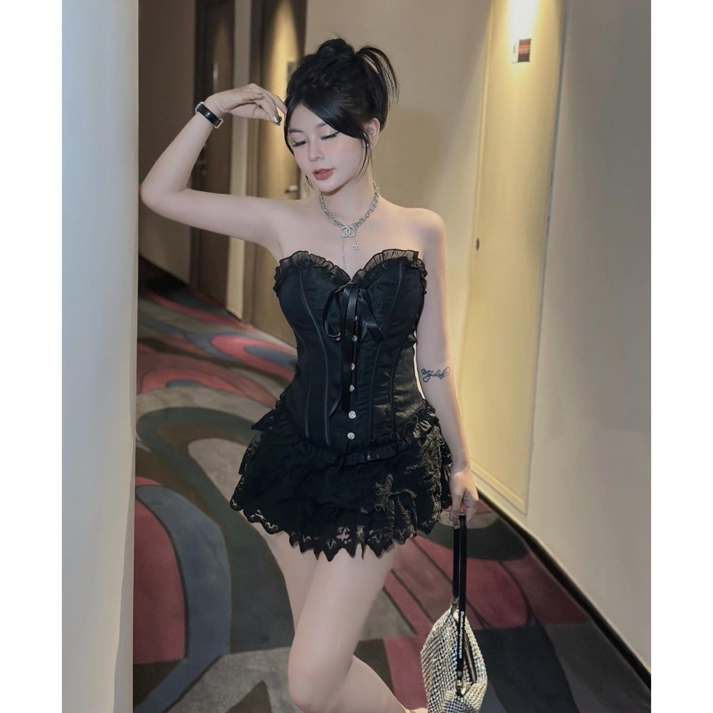 Set cup váy ren full trắng đen hàng Qc KÈM ẢNH THẬT