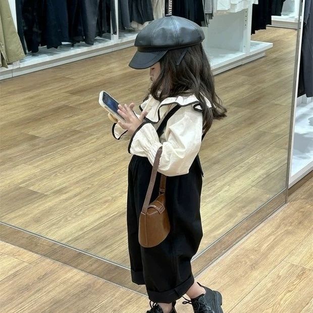 Bộ Áo Sơ Mi cotton + Quần Yếm Dáng Rộng Phong Cách Phương Tây Thời Trang Mùa Thu Cho Bé Gái