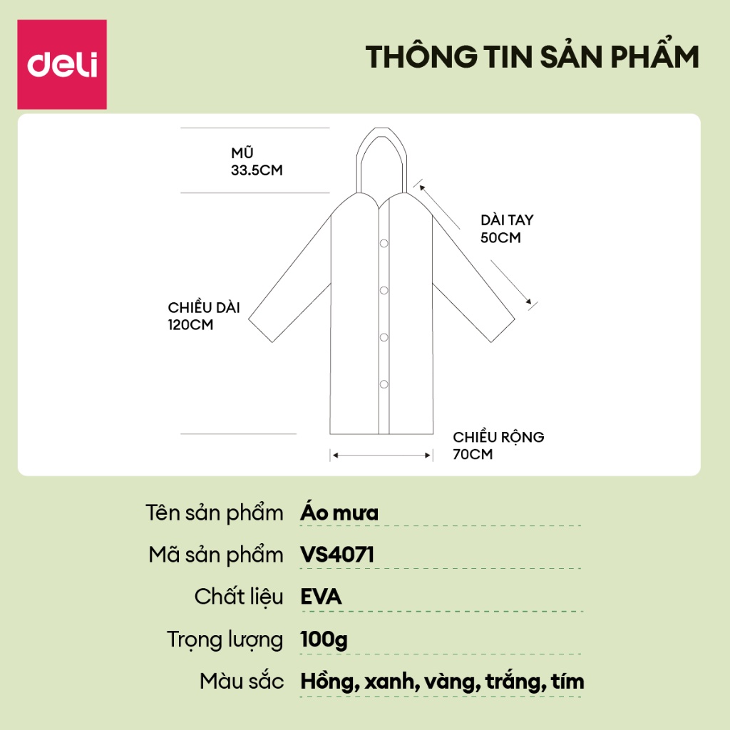 Áo Mưa 1 người trong suốt EVA Deli siêu dày chống thấm cho mưa to phong cách thời trang nhiều màu sắc