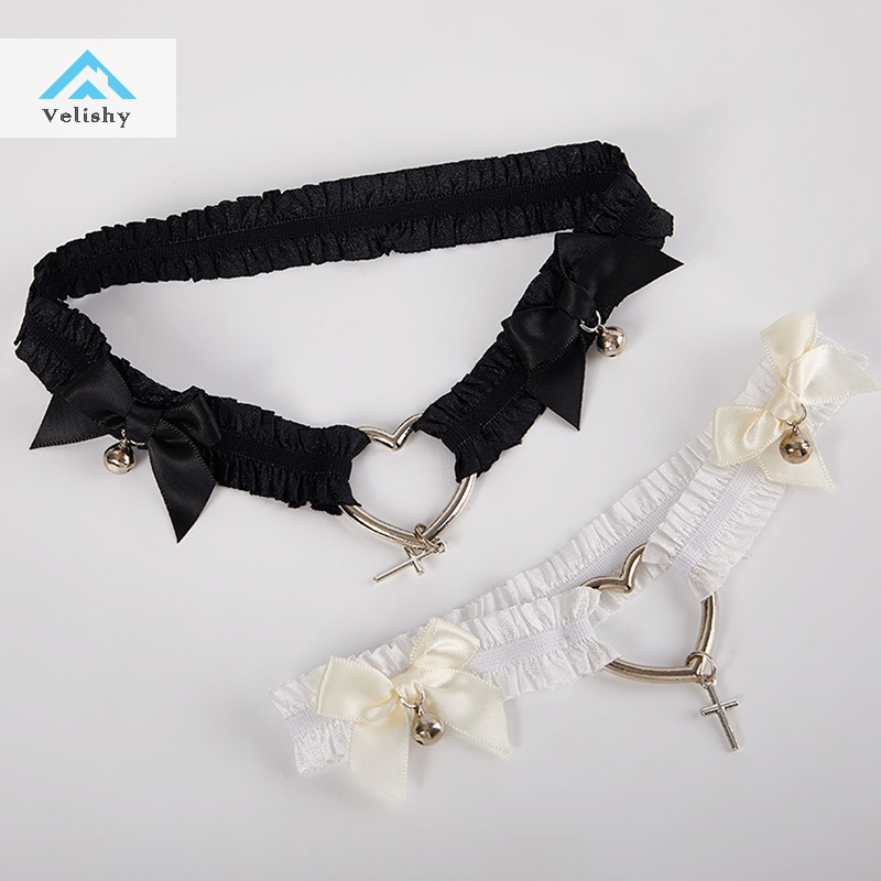 Velishy Vòng Ren Đeo Chân Co Giãn Hóa Trang lolita Thắt Nơ Chéo Trái Tim Phong Cách gothic harness