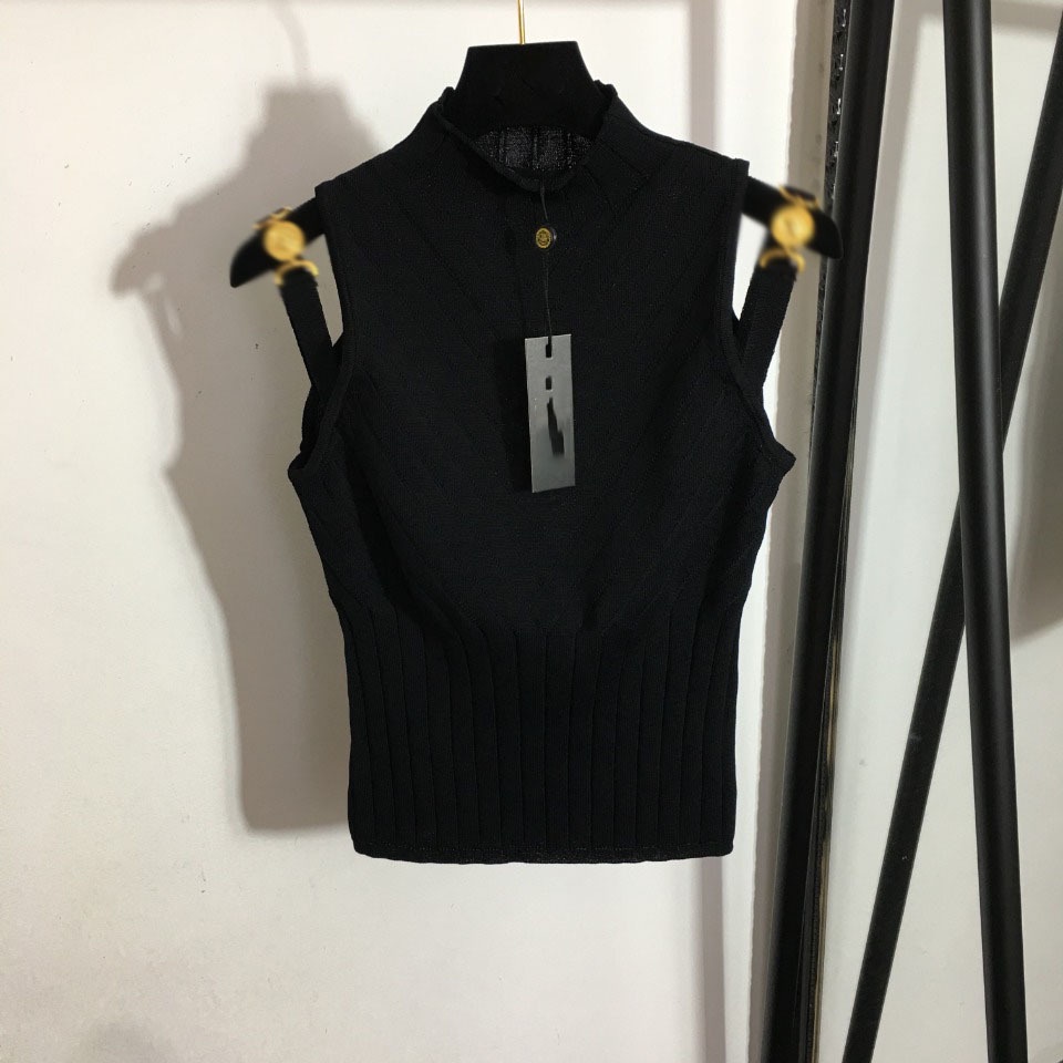 0K3W VERSACE 2023 Summer new fairy figure metal buckle shoulder strap slim all-match stand collar knitted vest top small waistcoat