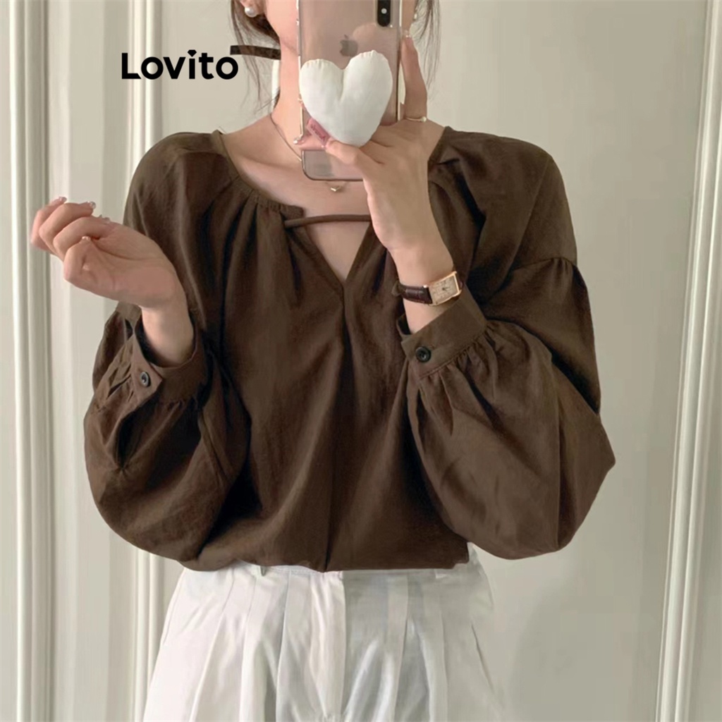 Lovito Áo kiểu tay áo có ren đơn giản có ren cut out Ruffle Bishop dành cho nữ LNE29469
