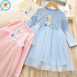 Đầm Công Chúa elsa Dài Tay Chất Liệu cotton Phối Lưới Cho Bé Gái