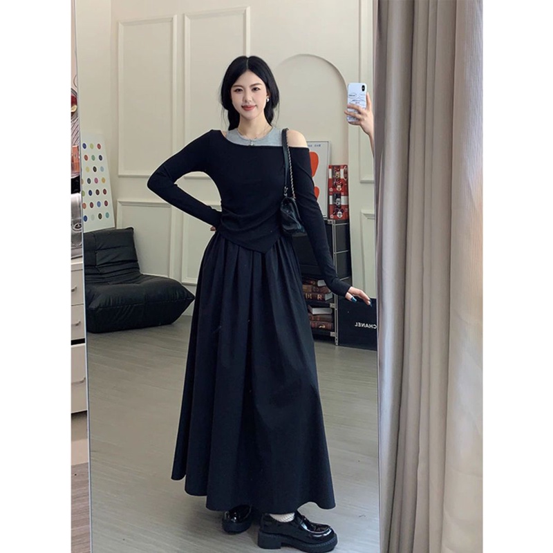 Lemon studio Set Áo Thun Đen Tay Dài Và Đầm Hai Dây Thời Trang Thu Đông Cho Nữ WD2005