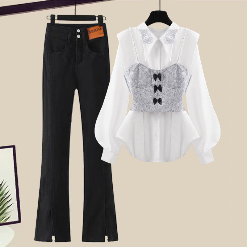 Plus Set Áo Thun Dài Tay + Quần jeans Dài Thời Trang Dành Cho Nữ