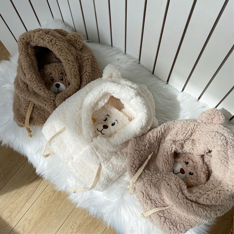 Mũ Len Cừu Kèm Khẩu Trang Che Mặt Chống Lạnh Hình Gấu Dễ Thương Phong Cách Hàn Quốc