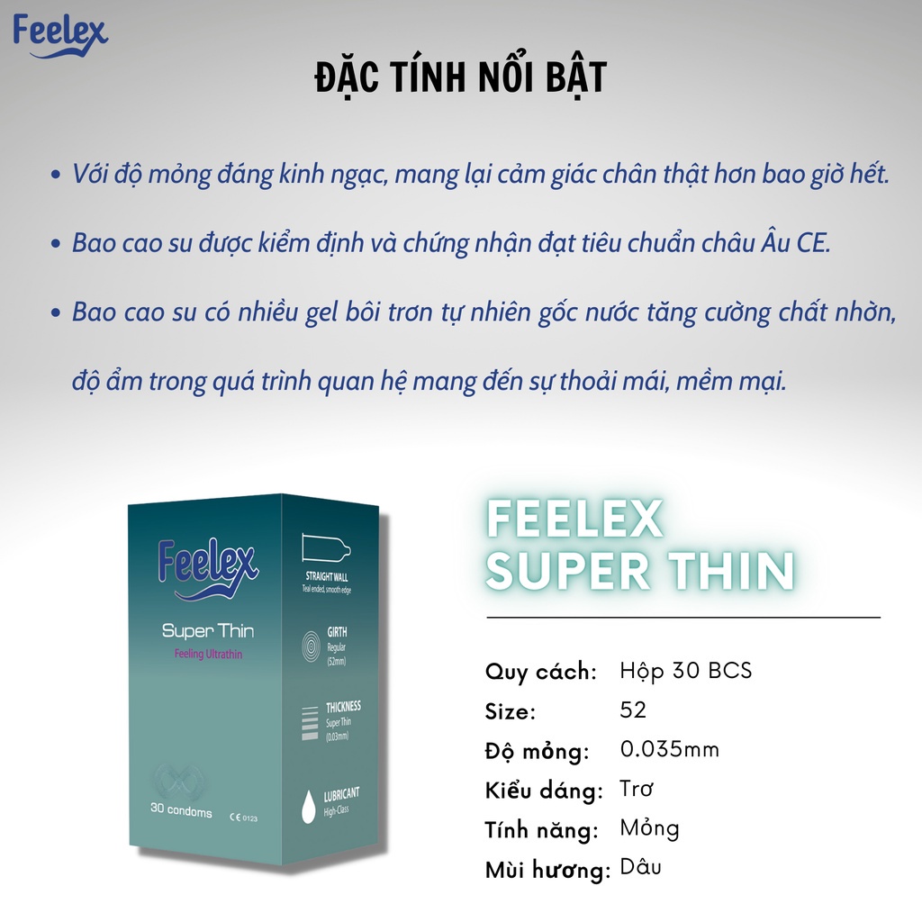 Bao cao su Feelex superthin mỏng, nhiều gel, hương dâu hộp 30c