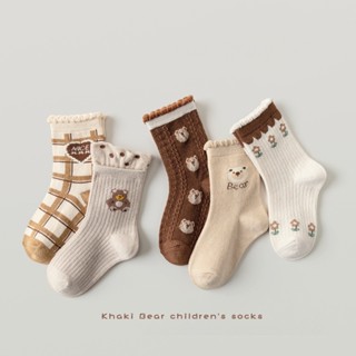 Tất bé gái Set 5 đôi len cao cổ hình gấu nâu hoa nhí đáng yêu điệu cổ phối nhún bèo