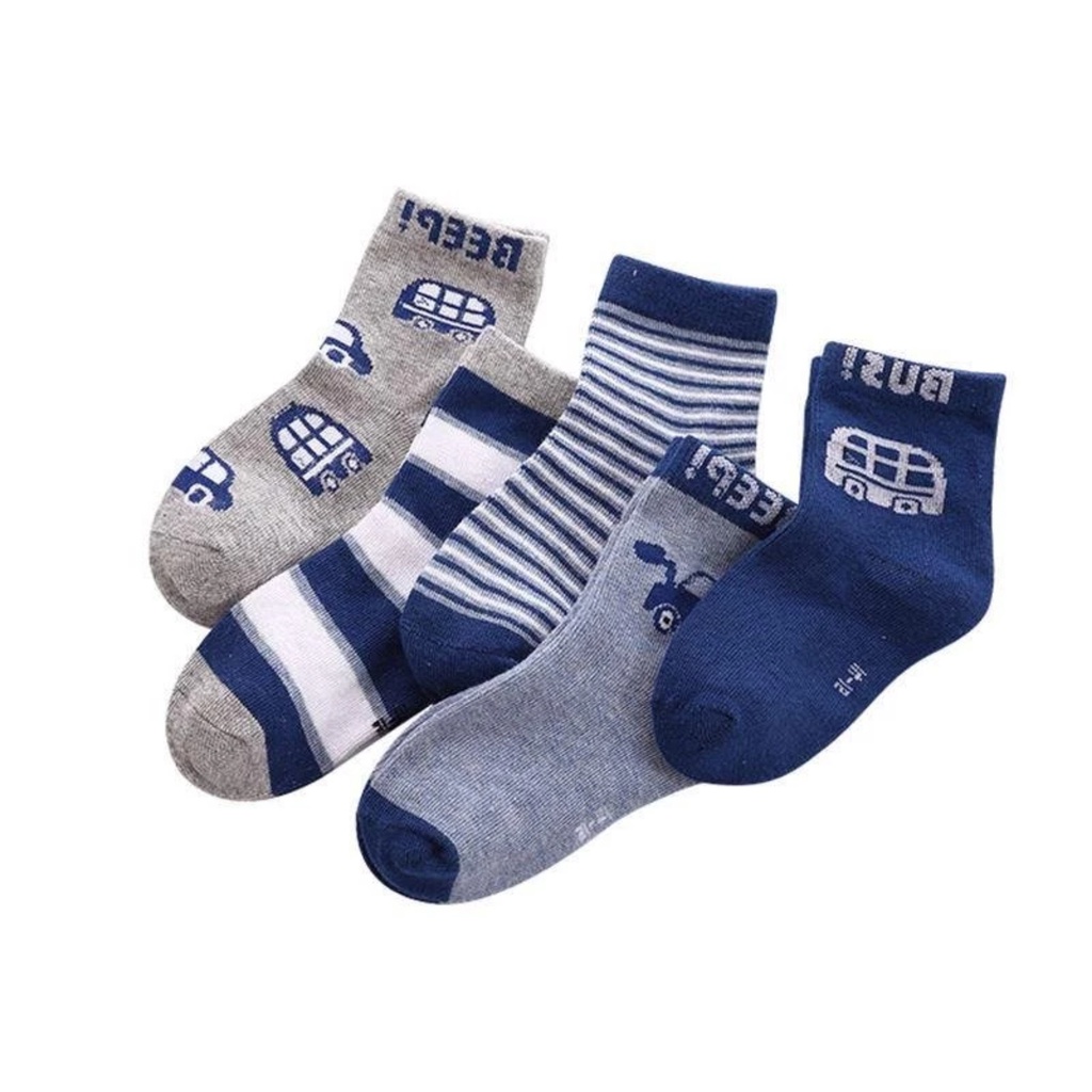 PVN61521 Set 5 đôi tất vớ cotton len họa tiết dâu tây, ô tô cho bé trai, bé gái