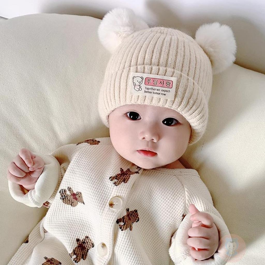 Laa6- Mũ Dệt Kim Ấm Áp Mùa Đông Họa Tiết Gấu Và Chữ Cái Cho Bé