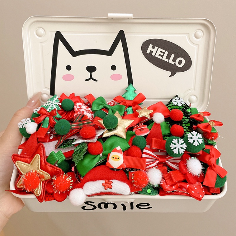 Set 10 Kẹp Tóc Đính Kim Sa Màu Đỏ / Xanh Lá / Đỏ Phong Cách Giáng Sinh Cho Bé Gái