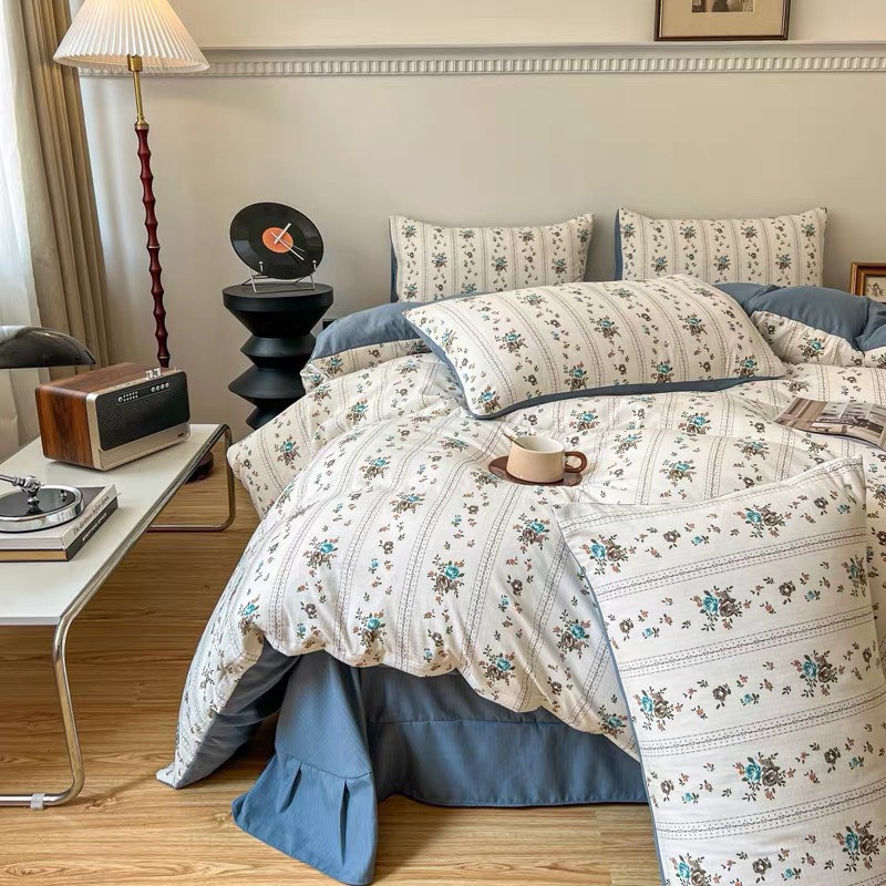 Bộ chăn ga gối 4 món cotton đũi vintage - vỏ chăn có khoá kéo lồng ruột