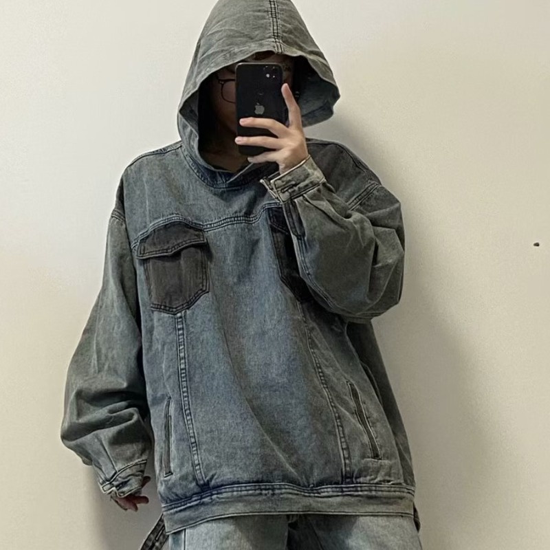 Áo Khoác Jean Tay Dài Có Nón Phong Cách harajuku Nhật Bản Cho Nam Nữ