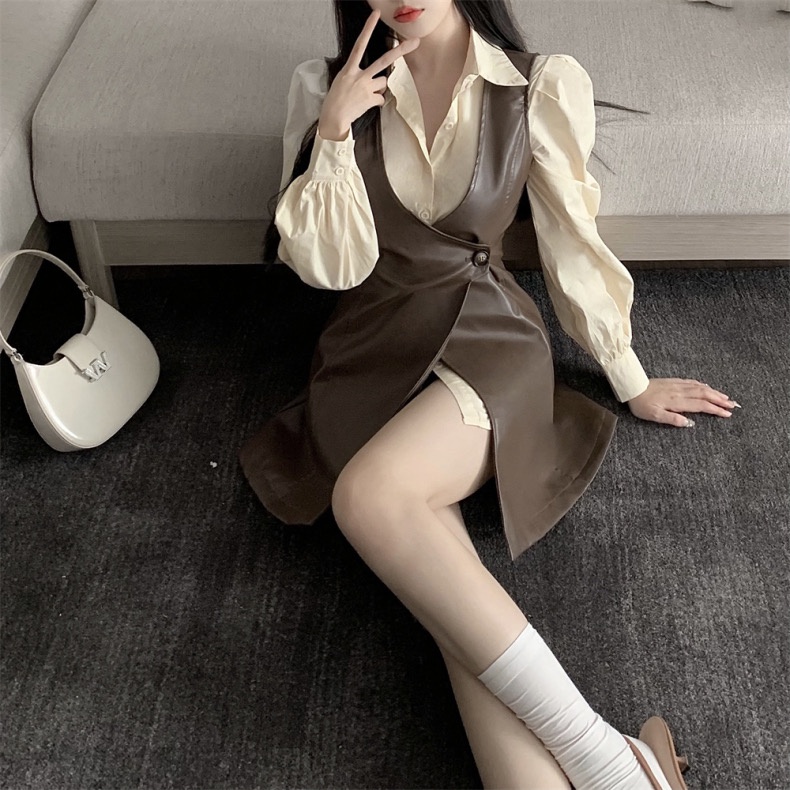 Bộ Áo Sơ Mi Tay Phồng + Đầm Hai Dây Thời Trang Hàn Quốc Xinh Xắn Cho Nữ