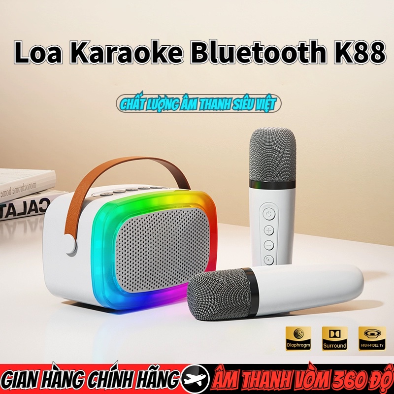 Loa bluetooth mini karaoke kèm 2 mic không dây K88 có cổng cắm tai nghe công suất 20W 2023