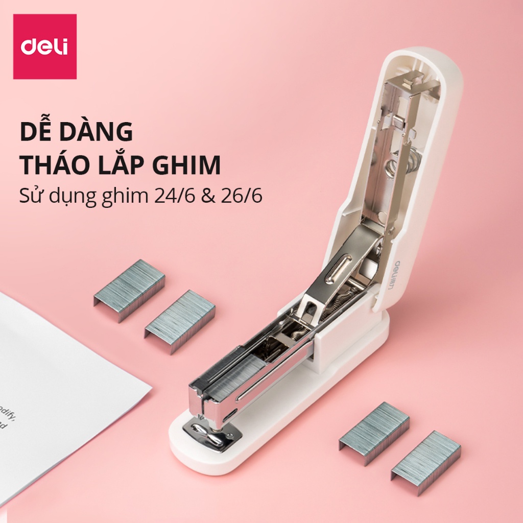 [BẢN NÂNG CẤP] Dập ghim học sinh văn phòng mini Deli 25 trang, Ghim bấm giấy số 12 màu pastel, nhỏ gọn, tiện lợi