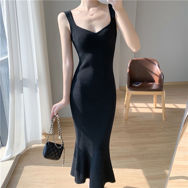 Mqaq 2023 Áo tank top Không Tay Cổ Chữ v + Chân Váy Dài Dệt Kim Thời Trang Mùa Thu Pháp