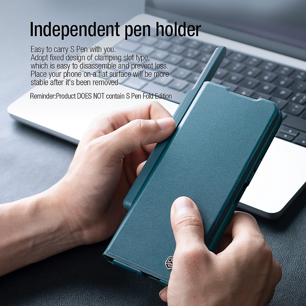 Case bao da chống sốc cho Samsung Galaxy Z Fold 4 trang bị nắp bảo vệ Camera và ngăn đựng S-Pen hiệu Nillkin Qin Pr
