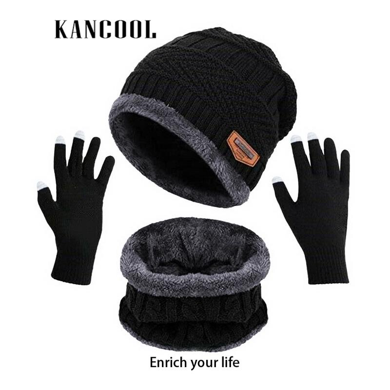 KANCOOL Bộ 3 Món Nón / Găng Tay / Mũ Len Dệt Kim Giữ Ấm Mùa Đông