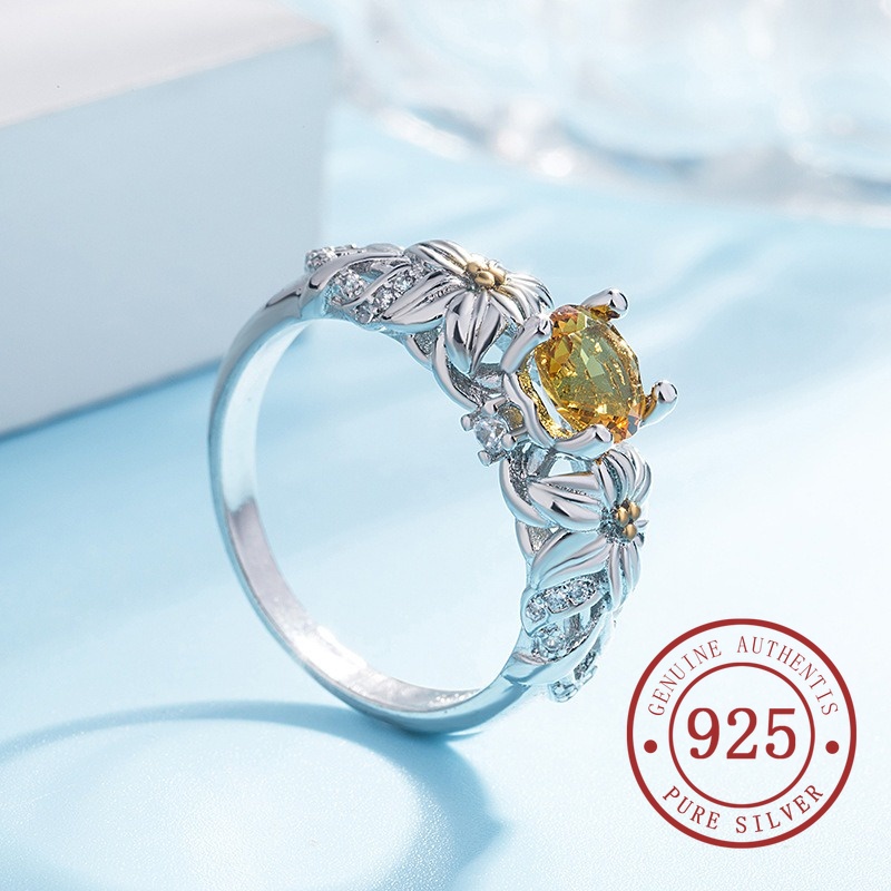 Nhẫn Mạ Bạc 925 Hình Hoa Hướng Dương Đính Kim Cương Vàng Sang Trọng Phong Cách Âu Mỹ