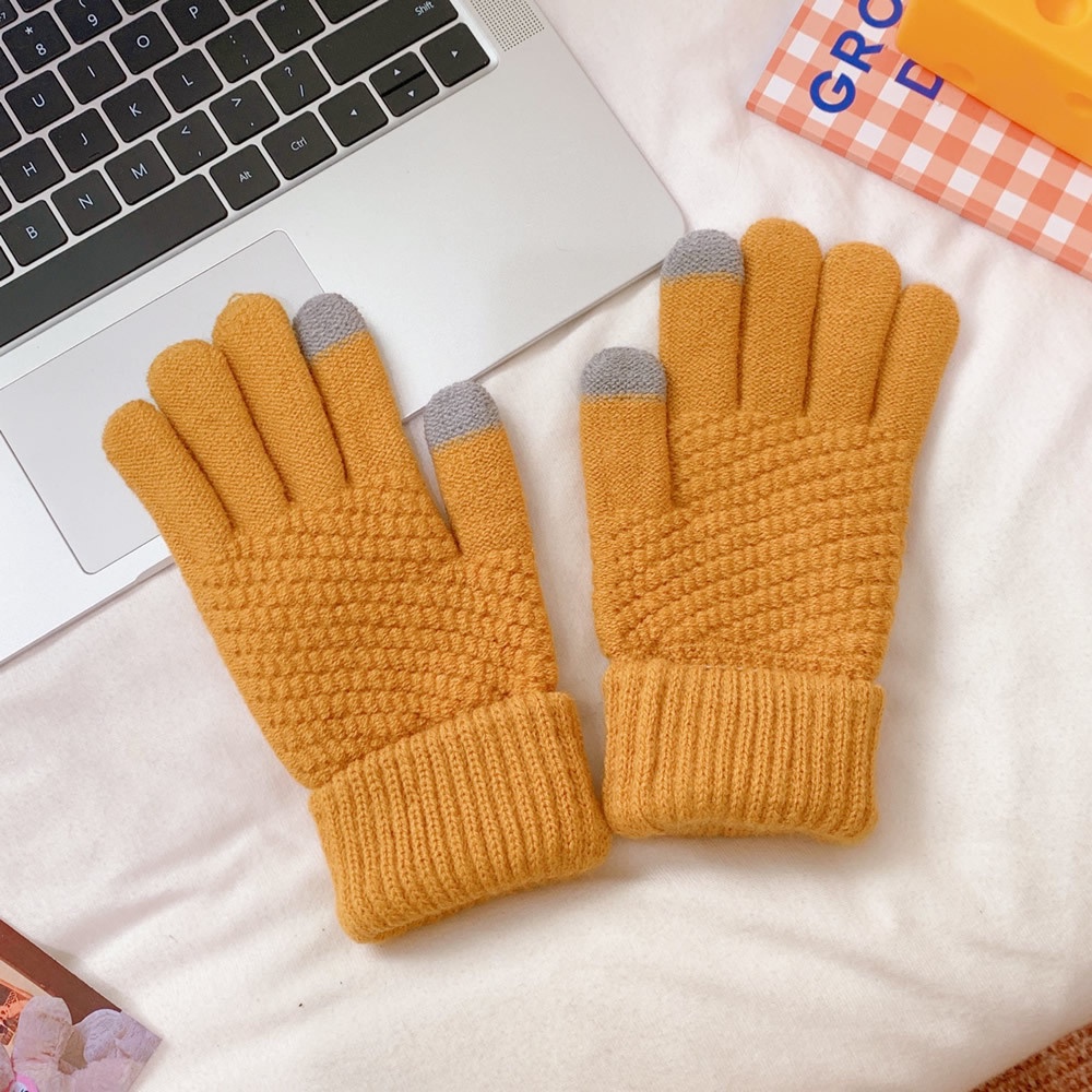 Găng tay len  dày màu trơn giữ ấm thiết kế ngón tay chạm màn hình cảm ứng - Touchscreen Gloves