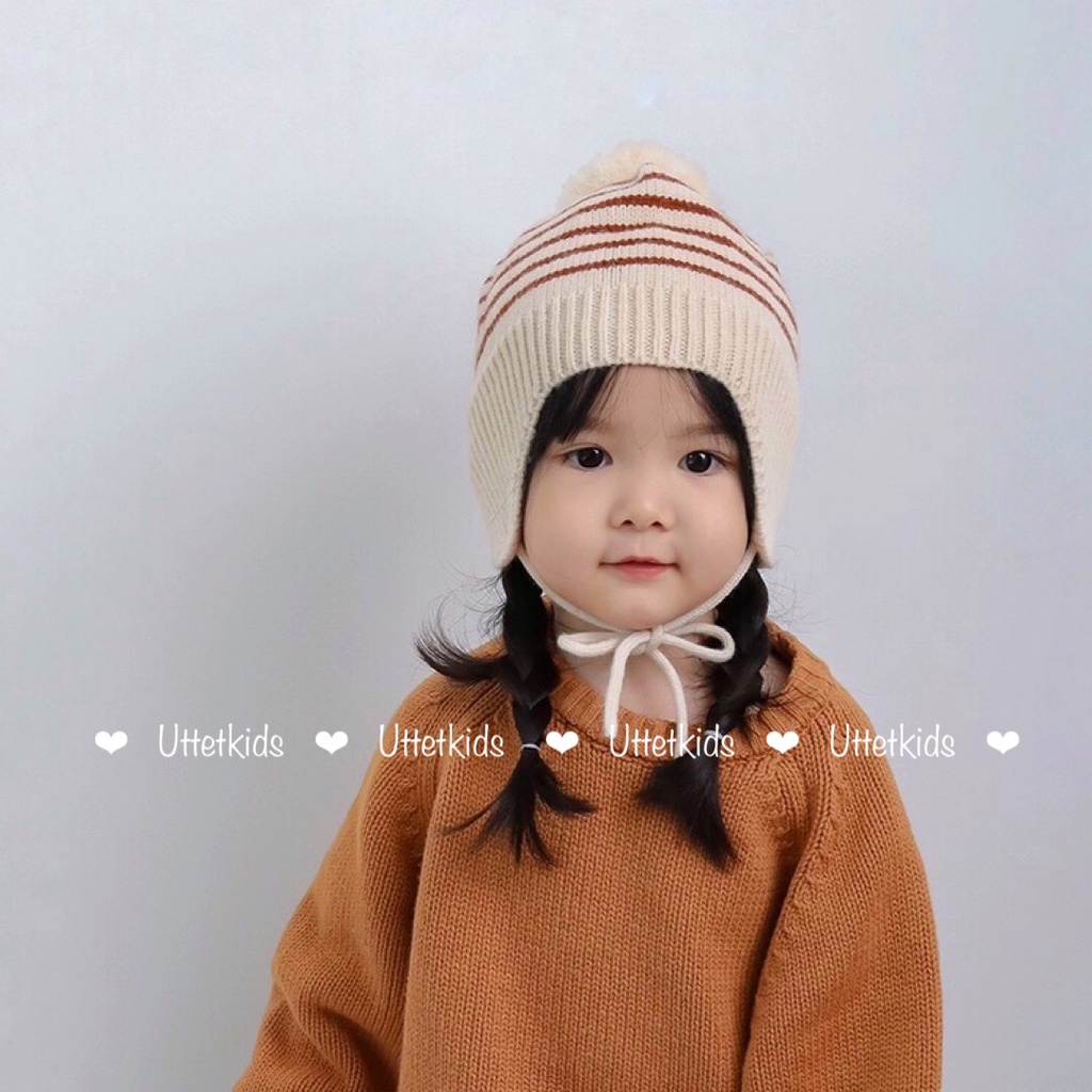 MŨ LEN SỌC CÓ DÂY PHONG CÁCH HÀN QUỐC CHO BÉ GÁI VÀ BÉ TRAI RẤT ĐẸP