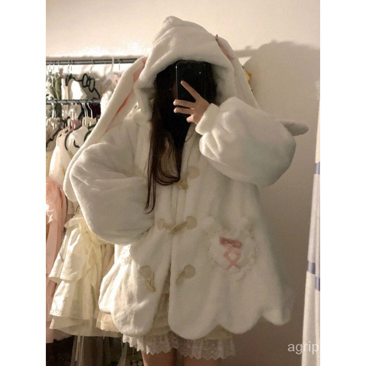 Áo Khoác Lông Cừu Dày Dặn Hình Tai Thỏ Dễ Thương Thời Trang Mùa Đông Cho Nữ