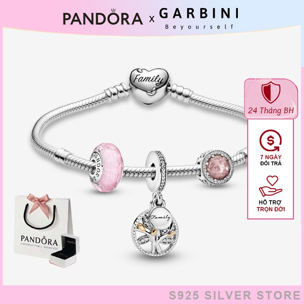 Vòng tay pandora bạc mix charm fullbox S925, lắc tay bạc pandora kèm charm tình yêu gia đình - Garbini