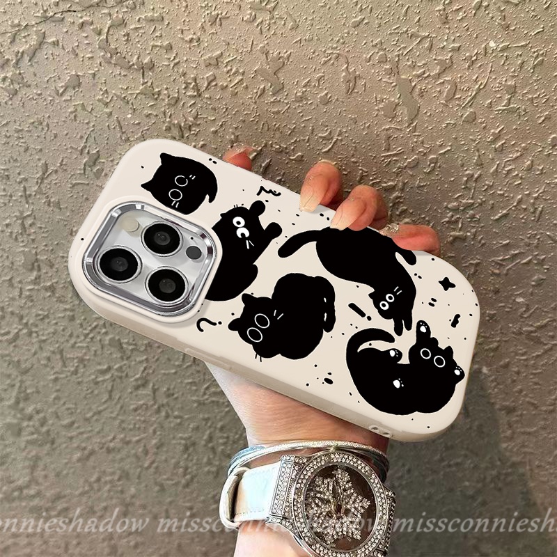 Hoạt Hình Ốp Điện Thoại Hình Mèo Đen Dễ Thương Viền Kim Loại Cho iphone 11 15 12 14 13 pro max 7plus 7 8 plus x xr xs max