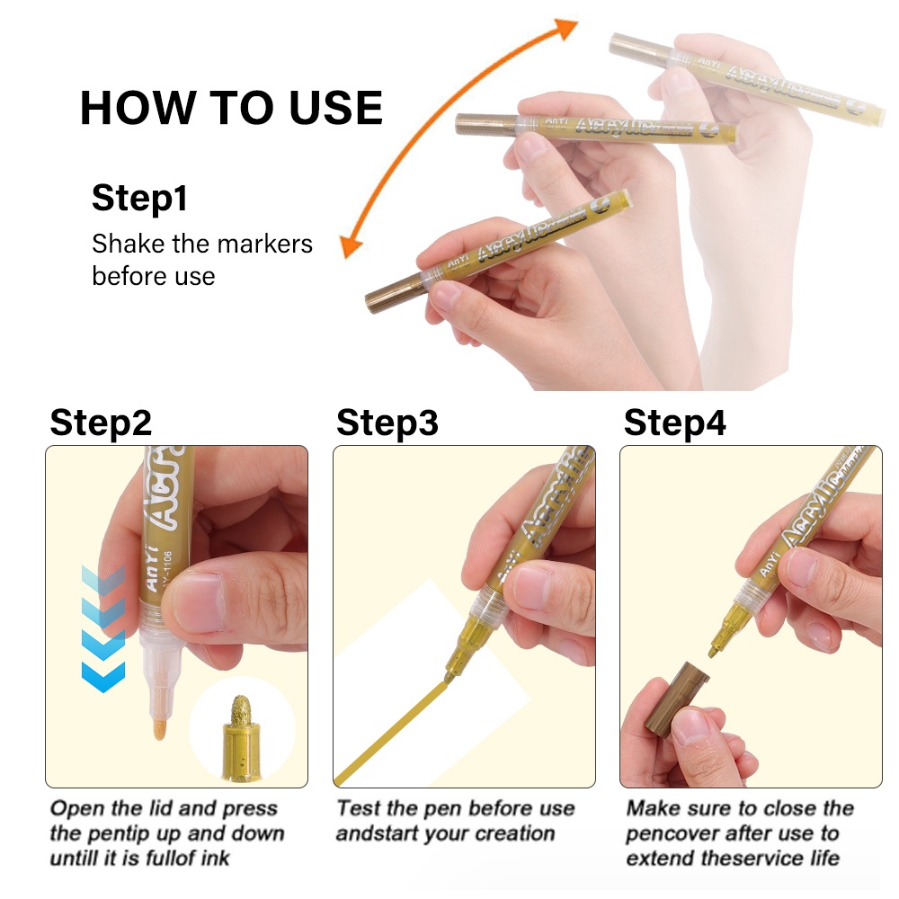 Bút Đánh Dấu acrylic Màu Vàng / Bạc / Bút Lông Đánh Dấu acrylic graffiti Nghệ Thuật / Bút Đánh Dấu Vĩnh Viễn Cho Gỗ / Kính / Kim Loại Nhanh Khô Dùng Trong Trường Học / Văn Phòng