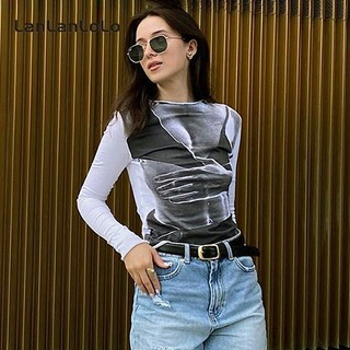 LanLanLo Nữ Thời Trang In Hình Đường Phố Cổ Tròn Dài Tay Ôm Thường Ngày Phù Hợp Với Hàng Đầu