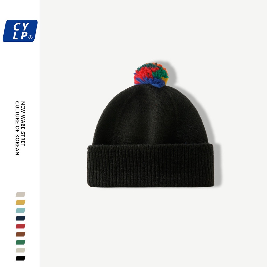 Mũ Len Kẻ Sọc Nhiều Màu Đính Quả Bông Dễ Thương Phong Cách Hàn Quốc Cho Nam Và Nữ