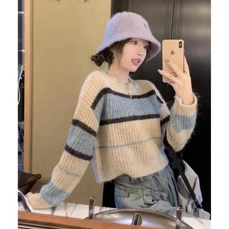 Áo sweater Dệt Kim Tay Dài Mềm Mại Họa Tiết Kẻ Sọc Thời Trang Mùa Thu Nhật Bản 2023