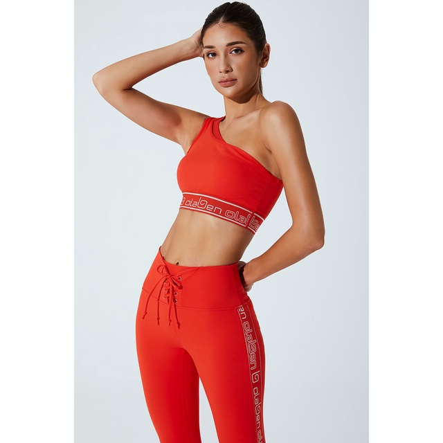 OLABEN Áo tập yoga gym lệch vai nữ Asymm Off Shoulder Bra màu đen, đỏ