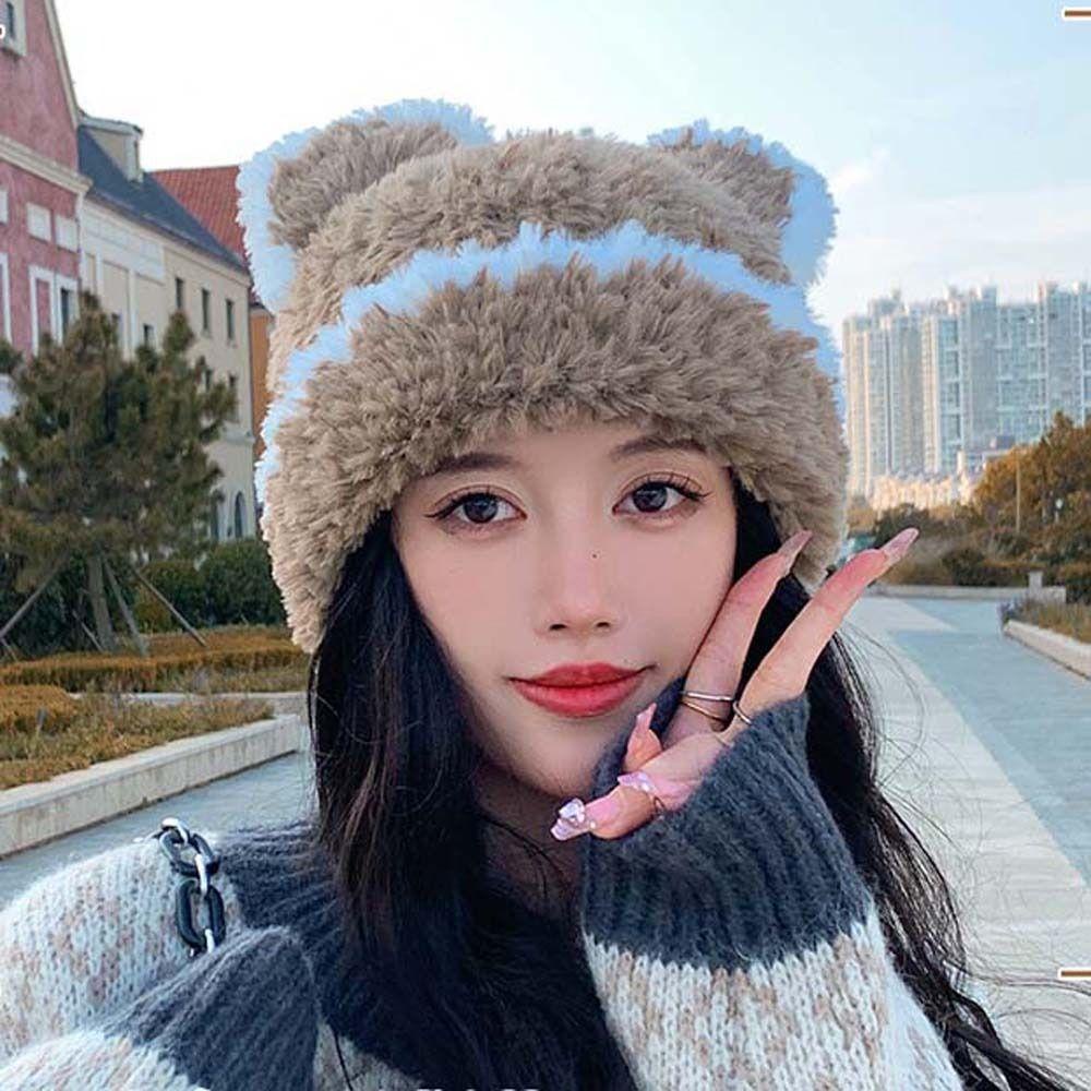 Desmond Mũ Len Dày Ấm Áp Mùa Thu Đông Hình Tai Mèo / Đầu Lâu Kẻ Sọc Phối Lông Thanh Lịch Dễ Phối Đồ