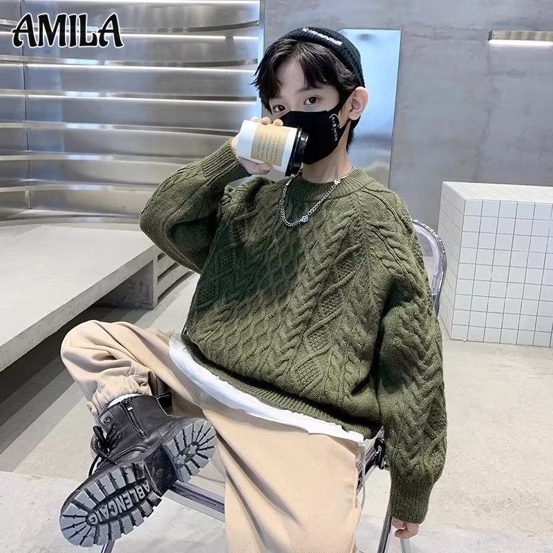 Amila Áo sweater Dệt Kim Chui Đầu Vải Lông Cừu Dày Dặn Giữ Ấm Màu Trơn Cỡ Lớn Và Vừa Cho Bé Trai