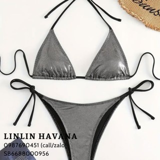 Set bikini ánh kim bling bling với áo cột dây yếm và quần cột dây hai bên