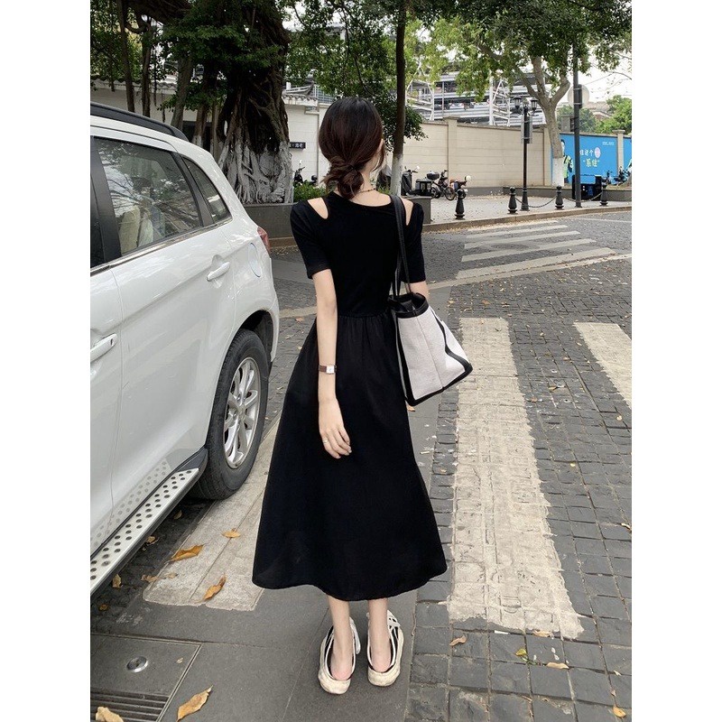 Đầm Chữ A Ngắn Tay Trễ Vai Ôm Eo Phong Cách Hepburn Cho Nữ