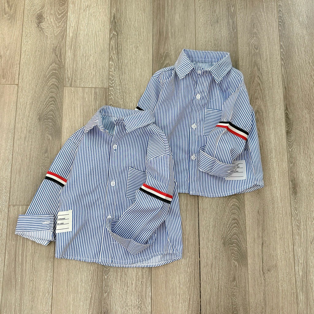 Áo sơmi dài tay kẻ xanh THOM size cho bé 9-28kg
