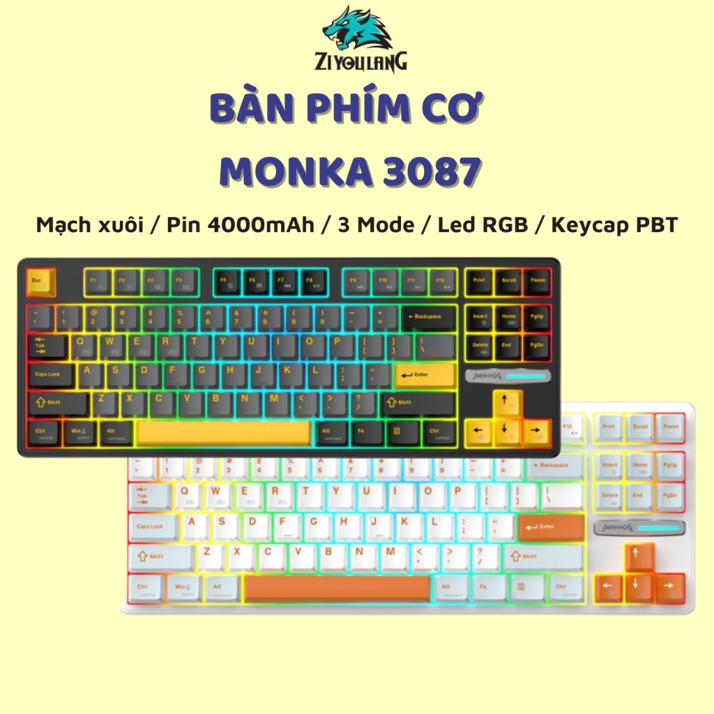 Bàn Phím Cơ Bluetooth Không Dây MONKA 3087, Led RGB, Switch Linear, Kết Nối 3 Mode, Pin 4000mah Dùng Nhiều Thiết Bị