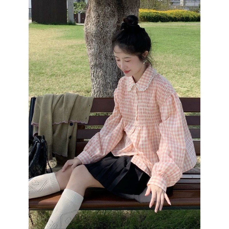 Áo Sơ Mi Tay Dài Dáng Rộng Sọc Ca Rô Màu Hồng Thời Trang 2022 Dễ Thương Cho Nữ