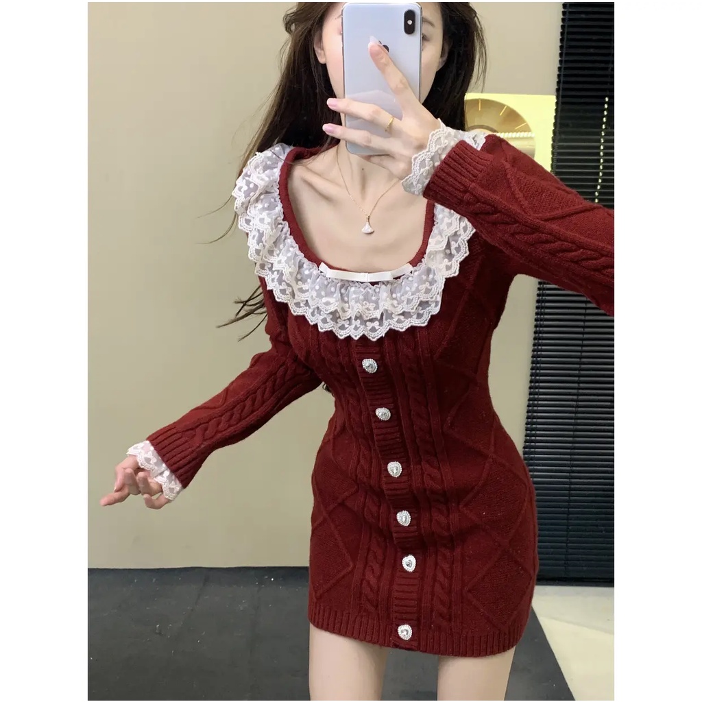 Áo Dệt Kim Dày Dáng Ôm Phối Cổ Ren Thời Trang Công Sở Thanh Lịch