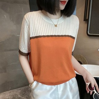 Áo Thun Dệt Kim Tay Ngắn Cổ Tròn Thời Trang Phong Cách Hàn Quốc Cho Nữ