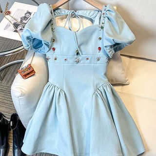 Đầm Ngắn Cổ Vuông Tay Phồng Đính Hạt Thời Trang Mùa Hè Pháp Cho Nữ